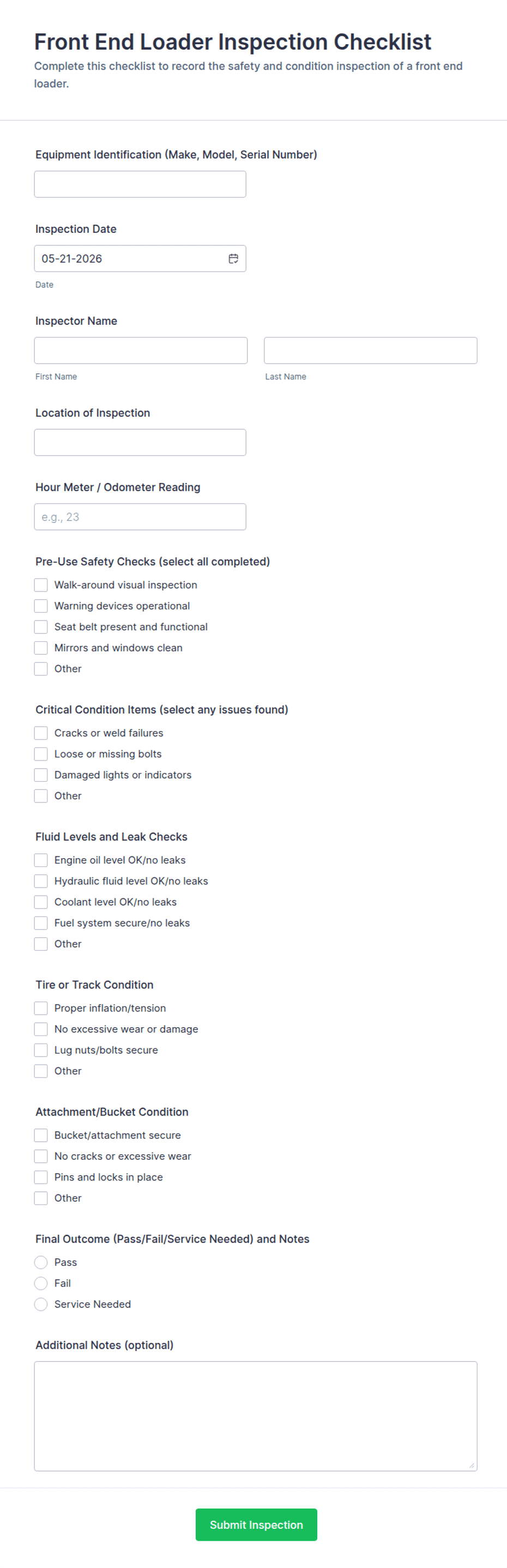 Front End Loader Inspection Checklist Form Template | Jotform
