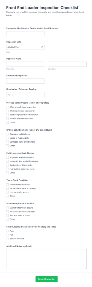 Front End Loader Inspection Checklist Form Template