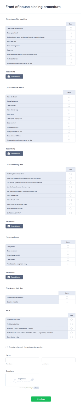 Front Of House Closing Procedure Form Template