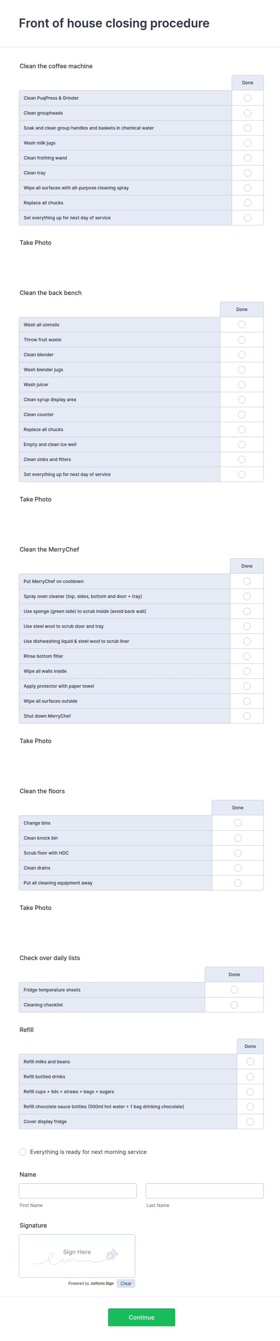 Front of House Closing Procedure Form Template | Jotform