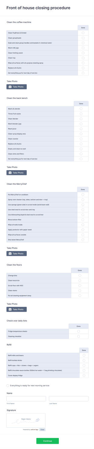Front Of House Closing Procedure Form Template