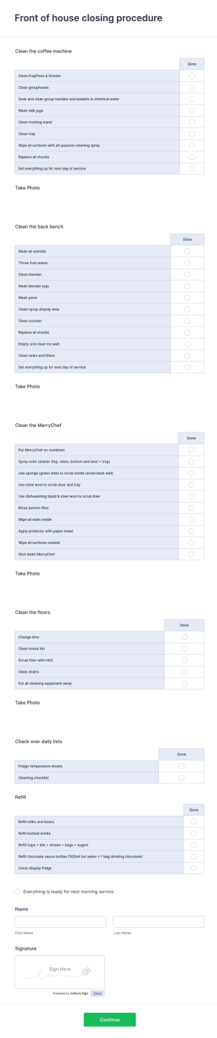 Front Of House Closing Procedure Form Template