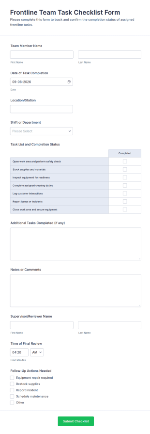 Frontline Team Task Checklist Form Template