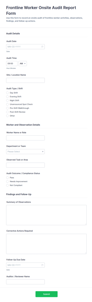 Frontline Worker Onsite Audit Report Form Template