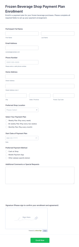Frozen Beverage Shop Payment Plan Enrollment Form Template