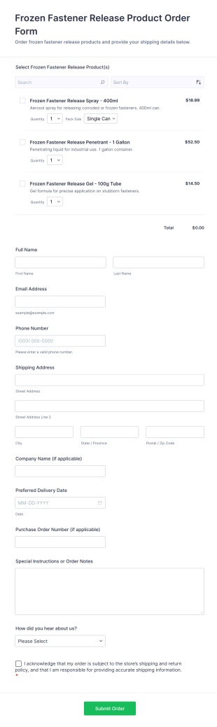 Frozen Fastener Release Product Order Form Template