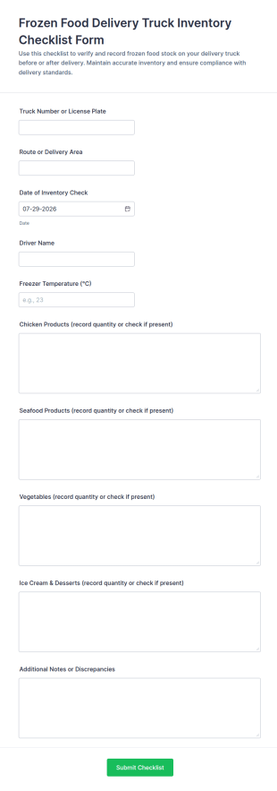 Frozen Food Delivery Truck Inventory Checklist Form Template