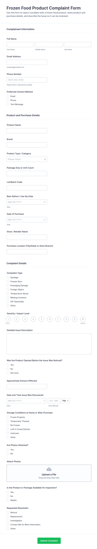 Frozen Food Product Complaint Form Template