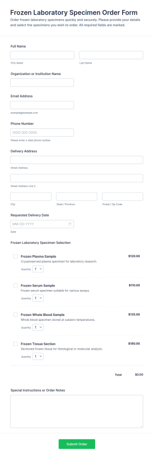 Frozen Laboratory Specimen Order Form Template