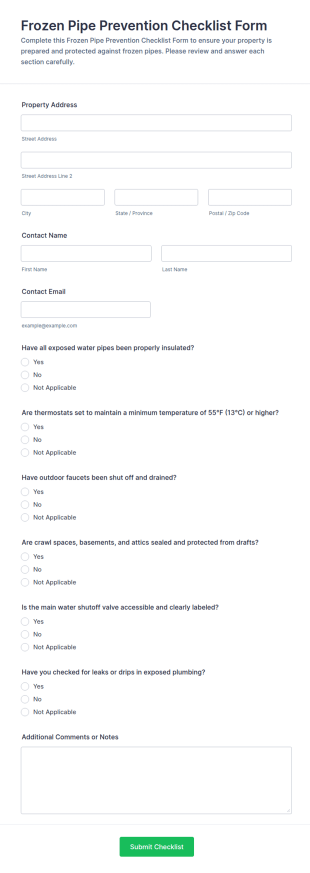 Frozen Pipe Prevention Checklist Form Template