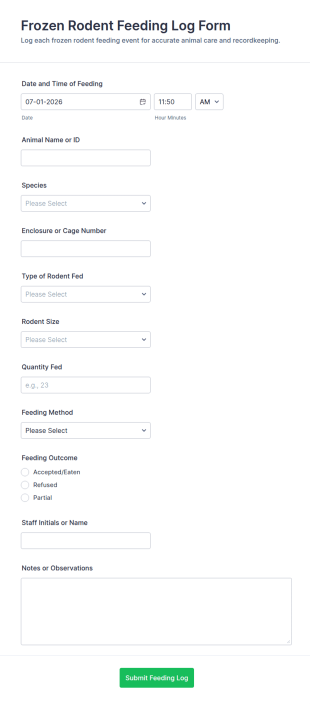 Frozen Rodent Feeding Log Form Template