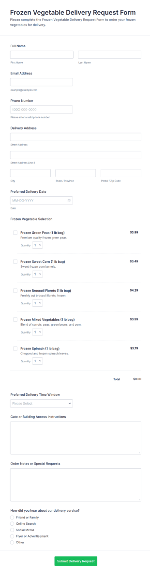 Frozen Vegetable Delivery Request Form Template