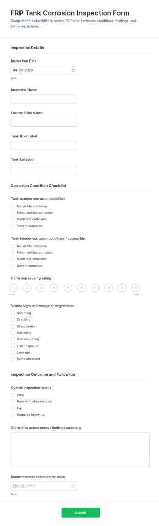 FRP Tank Corrosion Inspection Checklist Form Template