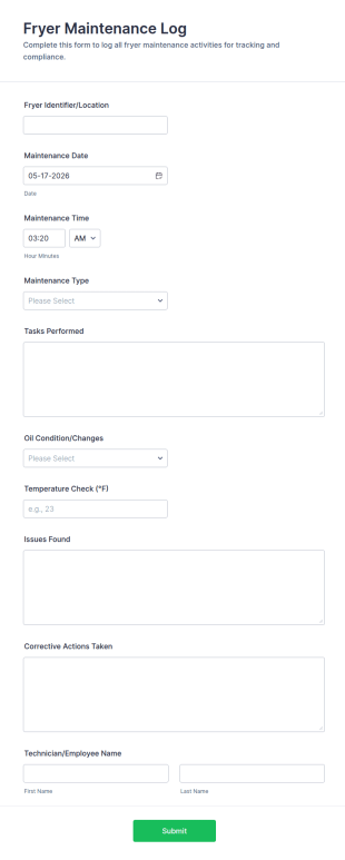 Fryer Maintenance Log Form Template