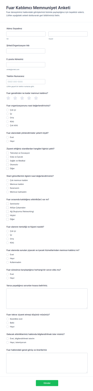 Fuar Ziyaretçi Geri Bildirim Anketi Form Şablonu