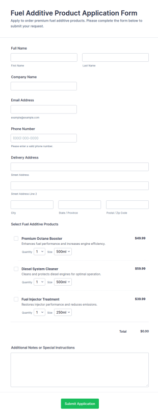Fuel Additive Product Application Form Template