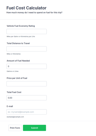 Fuel Cost Calculator Form Template