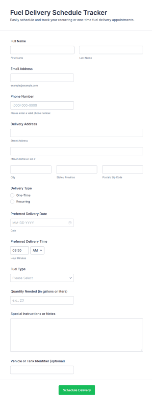 Fuel Delivery Schedule Tracker Form Template