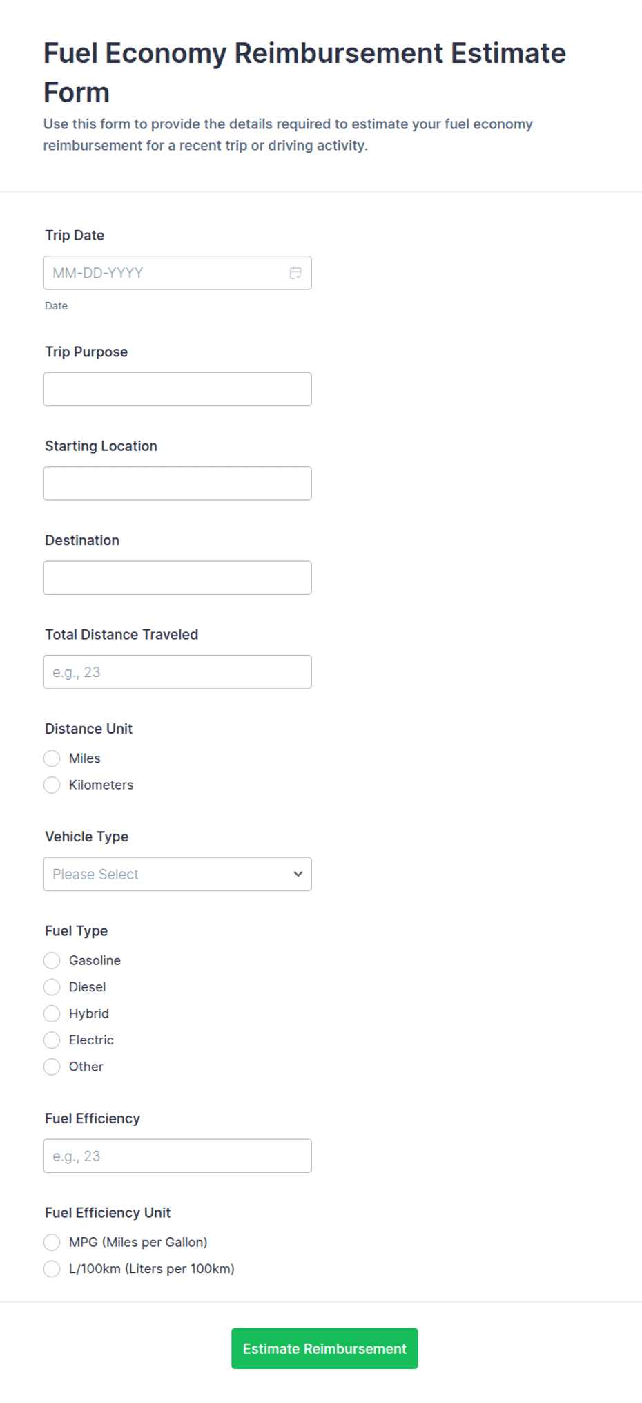 Fuel Economy Reimbursement Estimate Form Template | Jotform