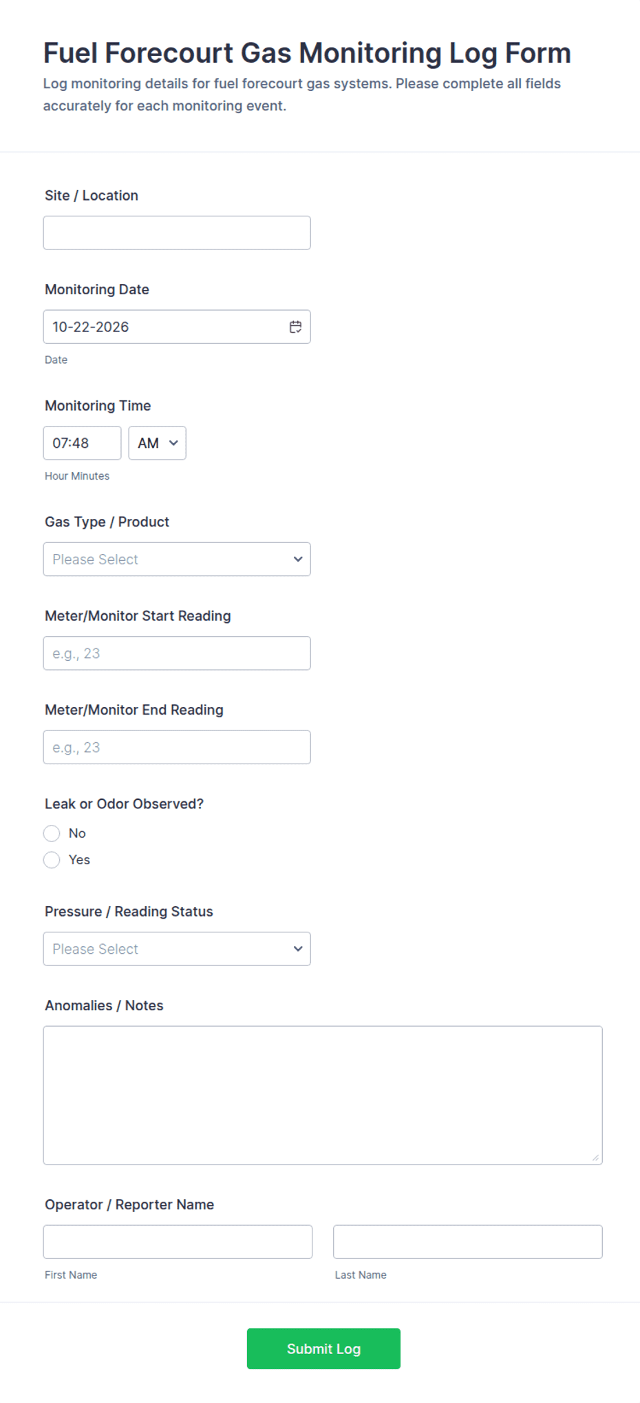 Fuel Forecourt Gas Monitoring Log Form Template | Jotform