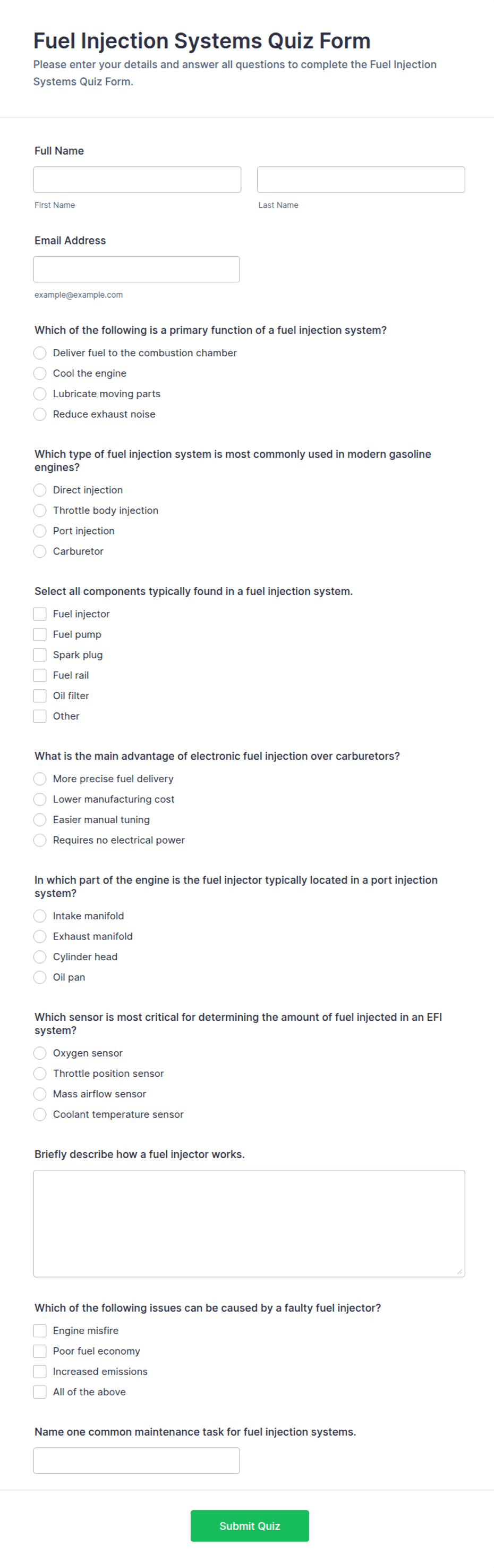 Fuel Injection Systems Quiz Form Template | Jotform