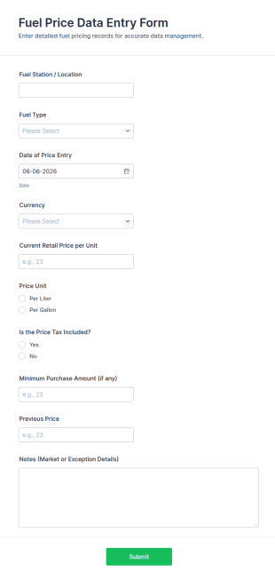 Fuel Price Data Entry Form Template
