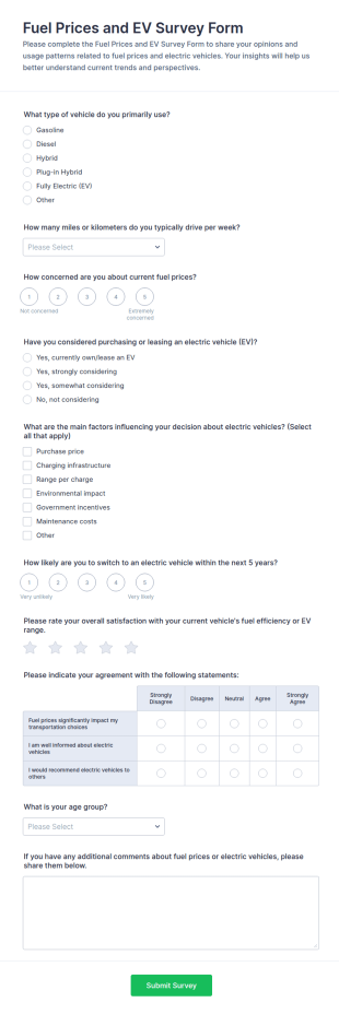 Fuel Prices And EV Survey Form Template