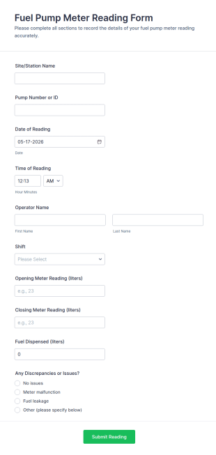 Fuel Pump Meter Reading Form Template