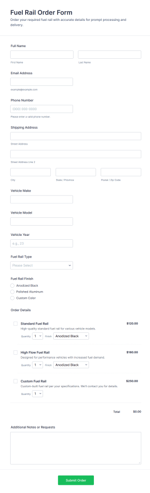 Fuel Rail Order Form Template