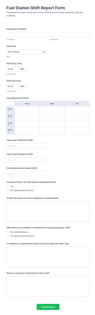 Fuel Station Shift Report Form Template