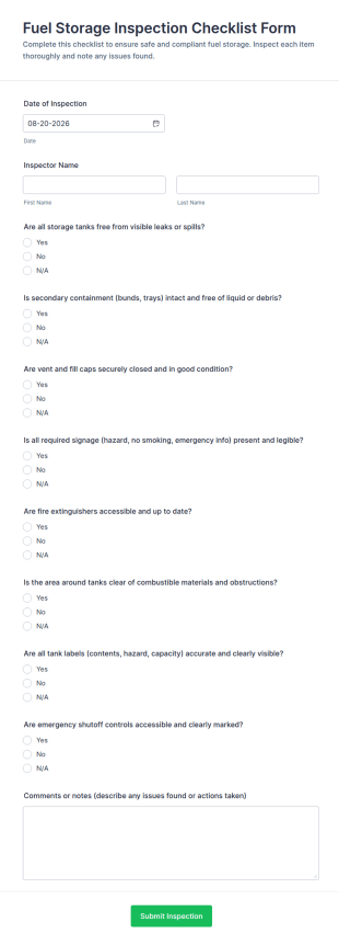 Fuel Storage Inspection Checklist Form Template