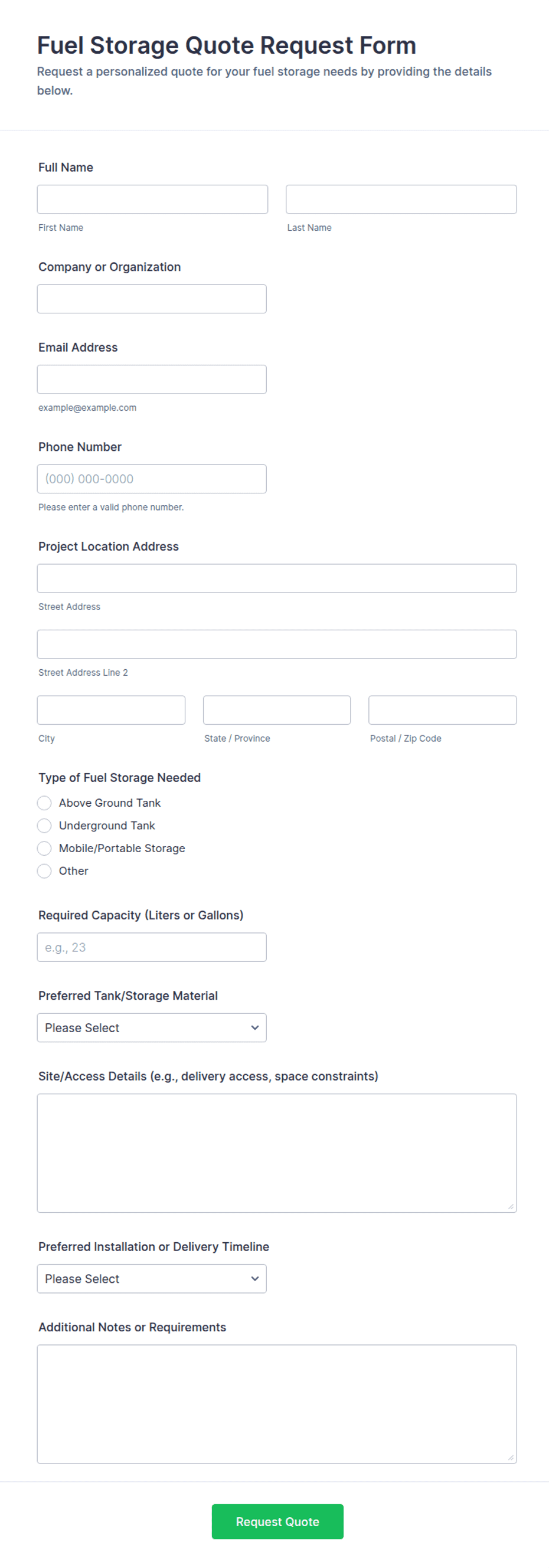 Fuel Storage Quote Request Form Template | Jotform