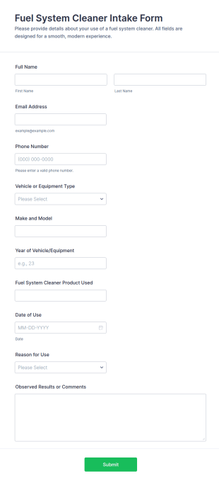 Fuel System Cleaner Intake Form Template