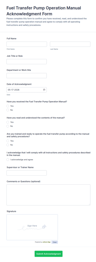 Fuel Transfer Pump Operation Manual Acknowledgment Form Template