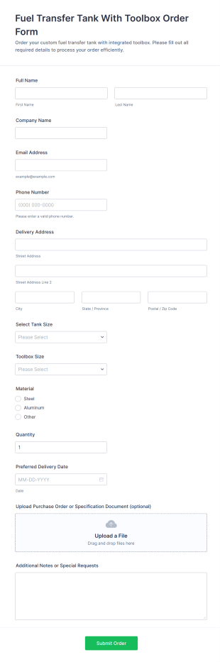 Fuel Transfer Tank With Toolbox Order Form Template