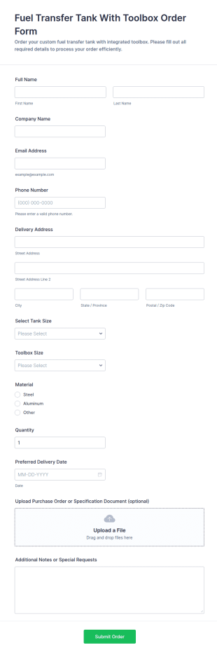 Fuel Transfer Tank With Toolbox Order Form Template