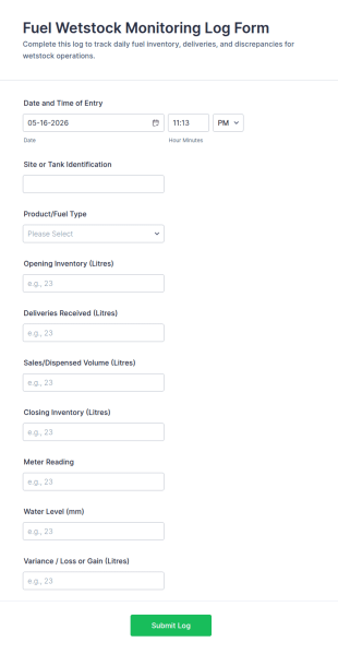 Fuel Wetstock Monitoring Log Form Template