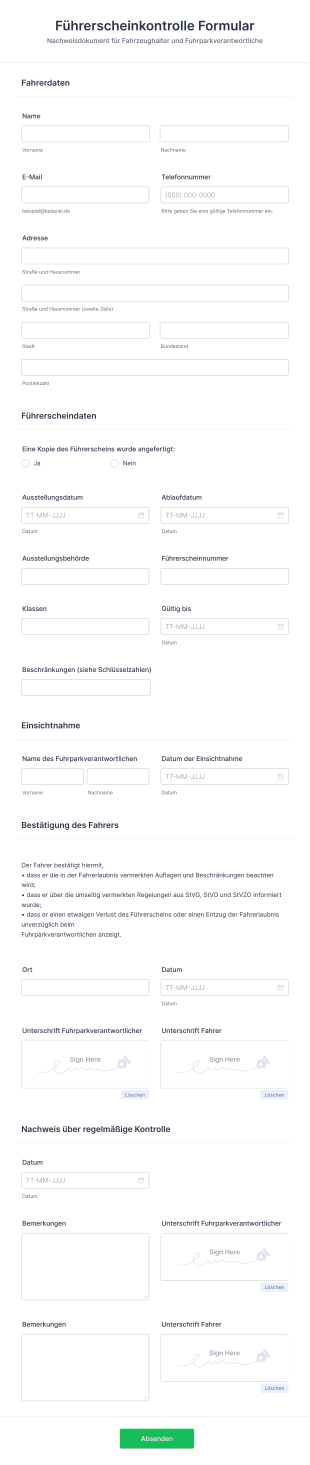 Führerscheinkontrolle Formular Form Template