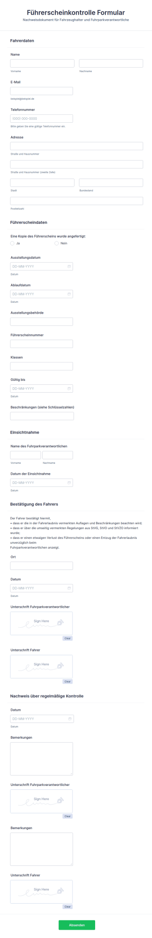 Führerscheinkontrolle Formular