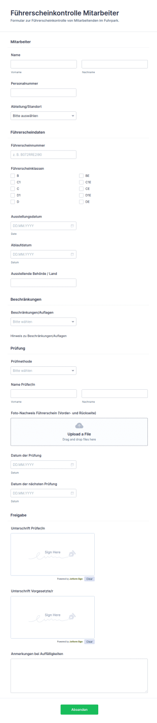 Vorlage Führerscheinkontrolle Mitarbeiter