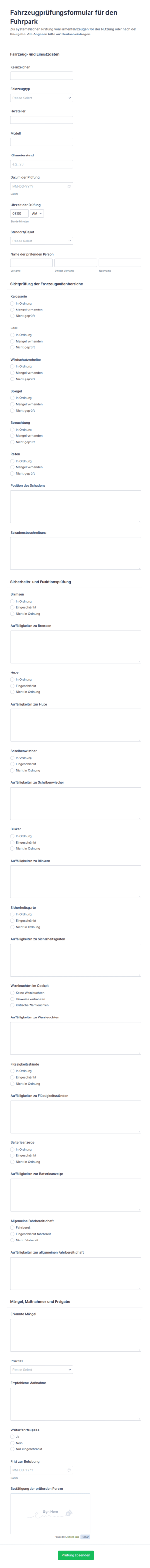 Fuhrparkfahrzeug Inspektionsformular