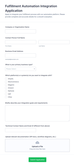 Fulfillment Automation Integration Application Form Template