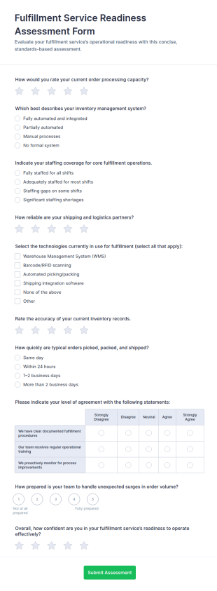 Fulfillment Service Readiness Assessment Form Template