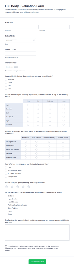 Full Body Evaluation Form Template