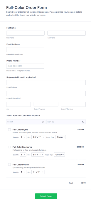 Full Color Order Form Template