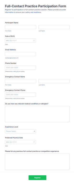 Full Contact Practice Participation Form Template