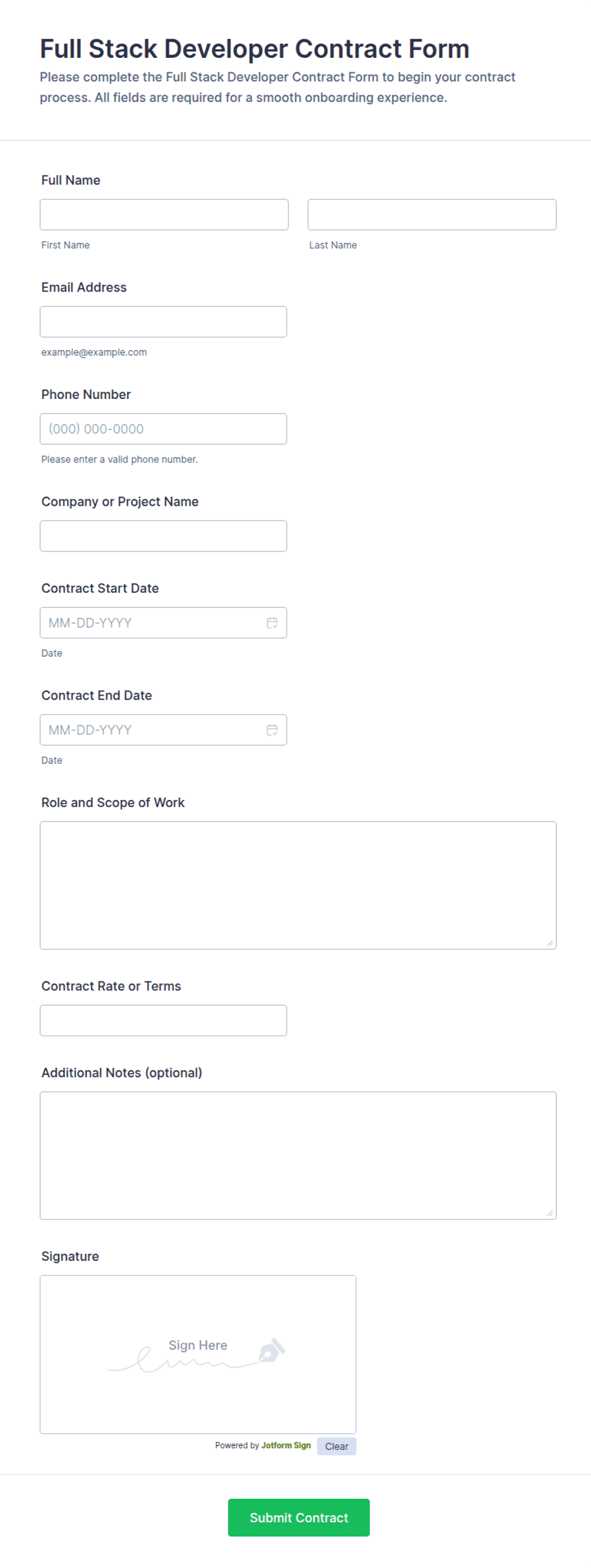 Full Stack Developer Contract Form Template | Jotform