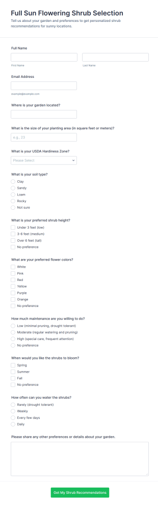 Full Sun Flowering Shrub Selection Form Template