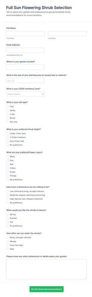 Full Sun Flowering Shrub Selection Form Template