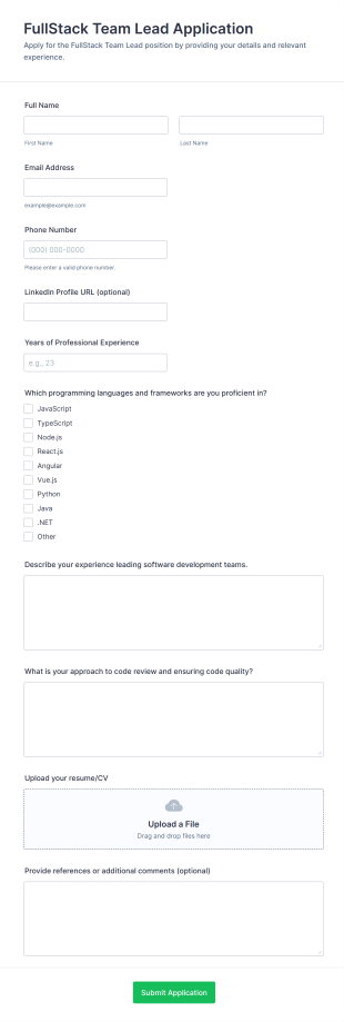 FullStack Team Lead Application Form Template